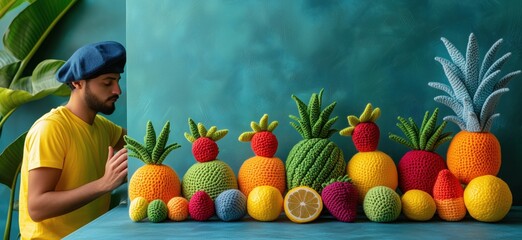 Colorful crochet fruit display with model in vibrant setting