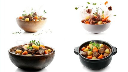 Four variations of hearty beef stew, showcasing rich brown gravy, tender beef chunks, potatoes, and carrots, presented in wooden and ceramic bowls; he dynamic and appetizing image