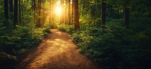 Serene forest path illuminated by golden sunlight through trees in tranquil nature setting