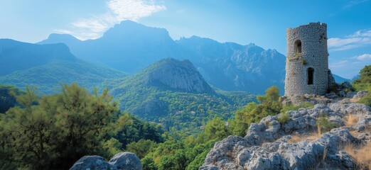 Scenic view of ancient stone tower amidst lush mountains and clear blue sky