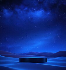 Blue desert landscape with starry night sky and circular platform for presentations