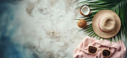 Beach essentials flat lay with straw hat, sunglasses, coconut, and palm leaves
