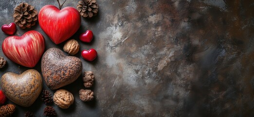 Decorative hearts and pine cones on textured background for romantic occasions