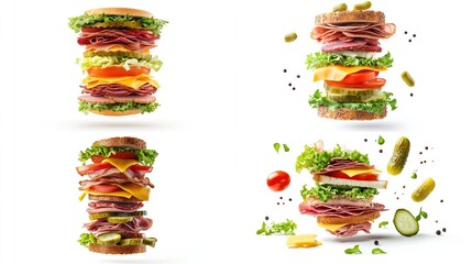 Four variations of a tall, layered deli sandwich; some show ingredients in mid-air