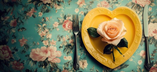 Heart-shaped plate with rose on floral tablecloth for romantic dining experience