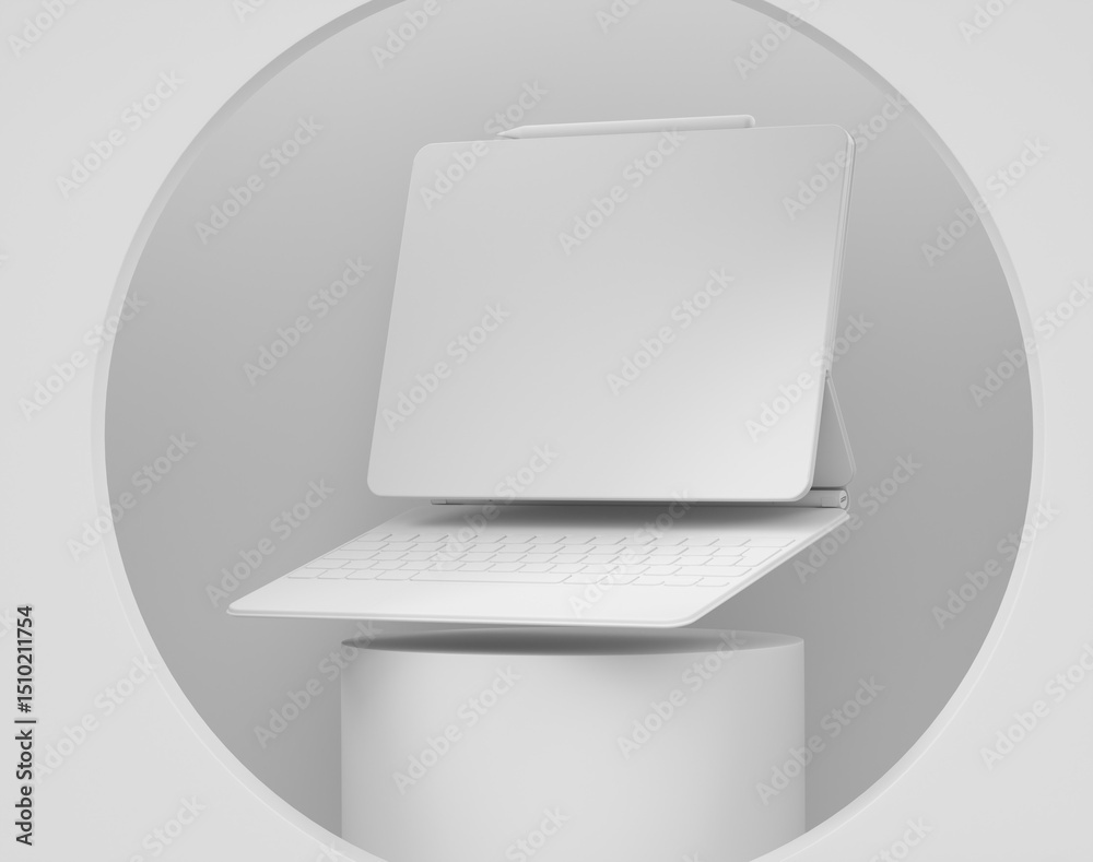 Fototapete abstract scene or podium with computer tablet with keyboard on monochrome
