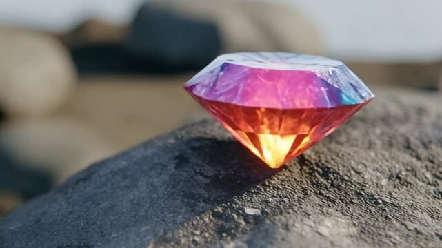 Colorful faceted gemstone with glowing purple, pink, and orange hues resting on rough textured rock surface in natural light outdoors