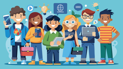 Diverse Cartoon Students Holding Tech Devices, Briefcases, and Idea Bubbles on Blue Background