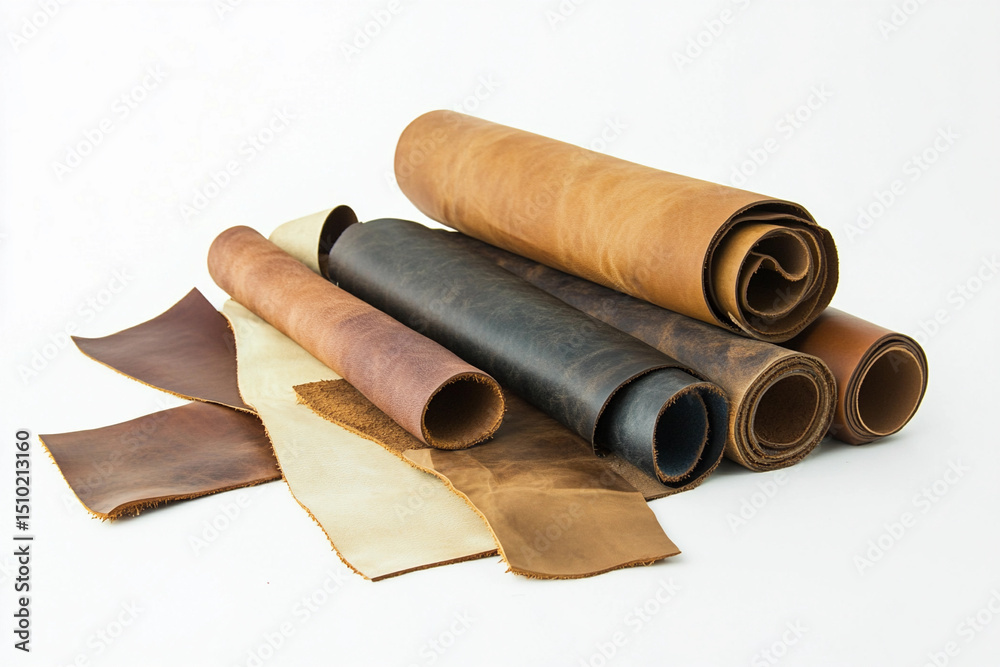 Poster rolled and flat sheets of leather in various colors and textures generative ai
