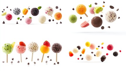 Two rows of vibrant, colorful ice pops and ice cream balls, some floating, with chocolate chips and fruit bits scattered on a white background.  Various flavors and textures are depicted