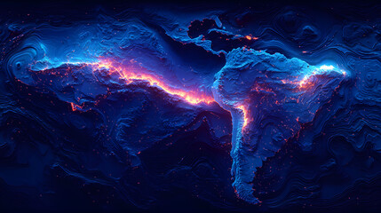 Latin America Azure Map Luminous Style Geographic Regions Blue Hues Continental Cartography South American Nations Vibrant Design Illuminated Mapping Distinctive Color Palette