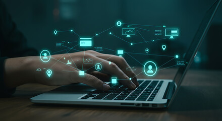 Hand Working on Laptop with Abstract Digital Network