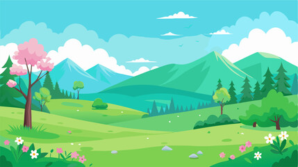 Spring Landscape: Green Hills, Mountains, Cherry Blossoms