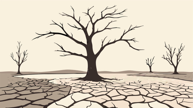 Dried cracked earth, dead trees, drought landscape illustration
