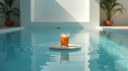 Refreshing cocktail on a wooden tray floating in a swimming pool  