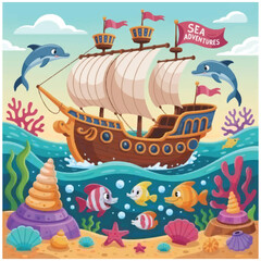 Fototapeta premium a scene of sea creatures,a ship,and seashells 32.eps