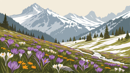 Alpine Meadow Spring Flowers Landscape Illustration