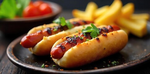 A sizzling platter of grilled hot dogs, perfectly cooked and ready to be served, alongside classic barbecue sides Juicy, flavorful, and perfect for a summer cookout , outdoor, fire