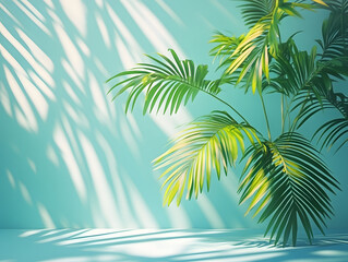 Fototapeta premium minimalist concept with palm leaves casting shadows on a blue wall and pastel floor, creating a summer tropical beach background in an empty room ideal for product placement
