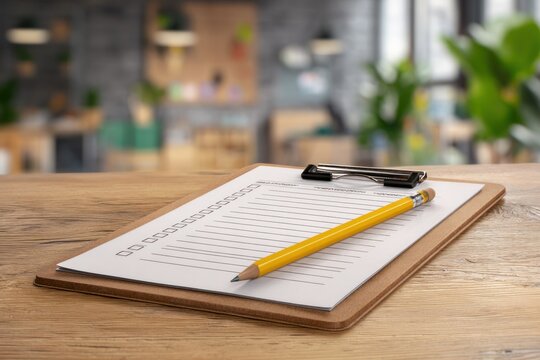 Blank clipboard with yellow pencil on a wooden table in cafe