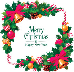 Festive Christmas and New Year Greeting Card with Holiday Decorations and Pine Wreath Frame