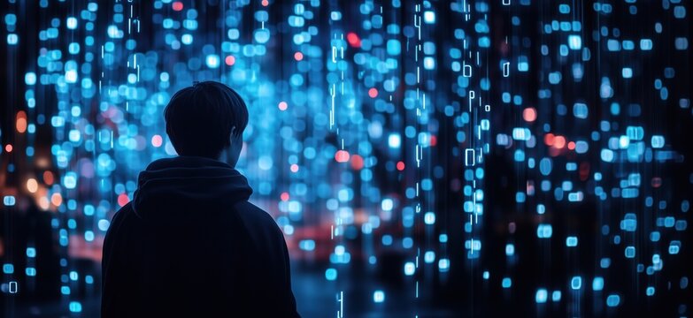 Digital landscape with person observing binary code and glowing lights at night