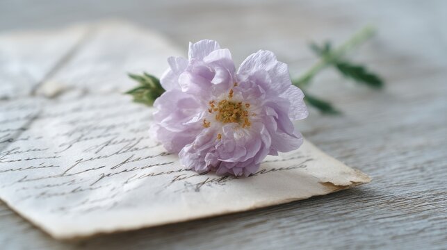 A flower rests gently on a handwritten note, capturing a moment of tender farewell on a rustic wooden surface