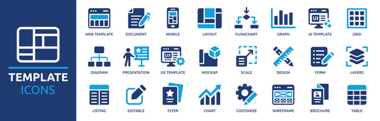 Fototapeta na wymiar Template icon set. Layout, flowchart, diagram, form, wireframe, table, grid, editable, layers and more. Solid vector icons collection.