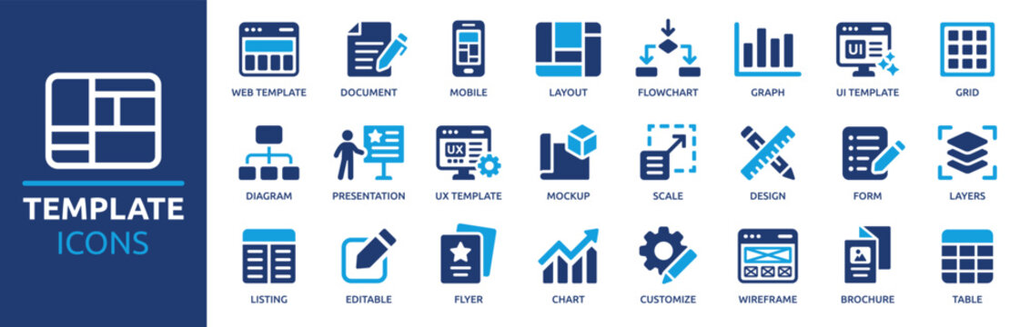 Template icon set. Layout, flowchart, diagram, form, wireframe, table, grid, editable, layers and more. Solid vector icons collection.