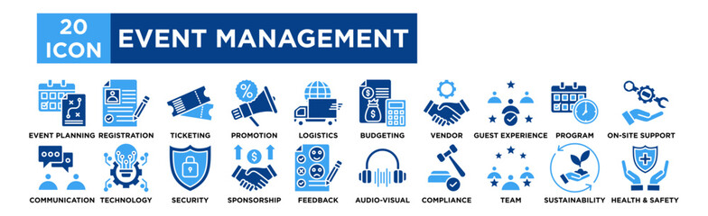 Event management icon collection set. Event Planning, Registration, Ticketing, Promotion, Logistics