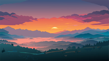 Stunning Sunset over Mountain Range, Colorful Landscape Illustration © Mohamed