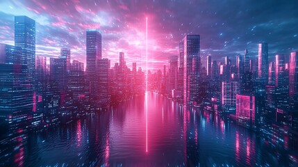 Fototapeta premium Futuristic Cityscape with Neon Lights and Reflections at Twilight