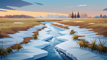 Fototapeta premium Spring Landscape: Melting Snow, River, and Trees