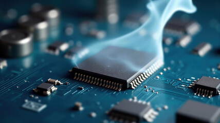Digital Production. Microchip with rising smoke in high tech environment. High Tech.