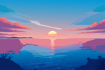 Peaceful Sunset Landscape Illustration, Calm Ocean View, Digital Art