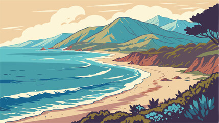 Coastal California Landscape, Beach Scene Illustration © Mohamed