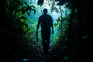 Man walking through a dense jungle with a machete silhouette