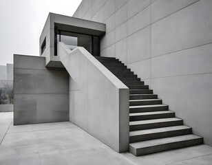 Obraz premium Modern concrete building with geometric design and large staircases. Ideal for themes related to architecture, urban development