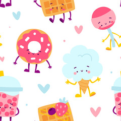 Cute sweets character pattern. Seamless vector print with dessert food for kids.