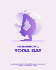 Yoga Day poster showing woman doing headstand with curved legs. Purple minimalist design perfect for yoga events, fitness, balance, and strength themes.