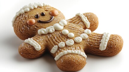 Smiling gingerbread man cookie on white background for holiday treats