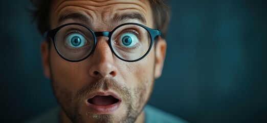 Surprised man with glasses showing shock and amazement in close-up portrait