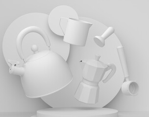 Abstract scene or podium with kitchen appliances and utensils on monochrome.