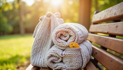 Soft knitted blankets stacked on a wooden bench in a park setting  