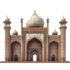 Front view of the Badshahi Mosque isolated on a white transparent background