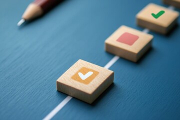 Checklist in Progress: A close-up shot features wooden blocks, marking progress with a check mark on the first and a red square on the second, a pencil in the background.