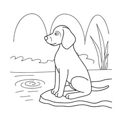 Obraz premium Cute dog sitting by the lake line art coloring page