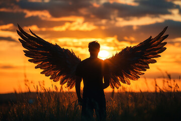 Man with angel wings unfurling silhouette