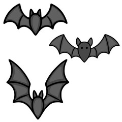 A vector illustration featuring three cute cartoon bats in various poses, showcasing a playful Halloween theme with dark grey color palette and simple line art style.