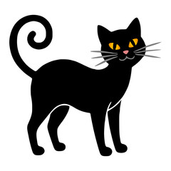 Vector illustration of a stylized black cat with orange eyes and a curled tail, perfect for Halloween designs or spooky themed projects.